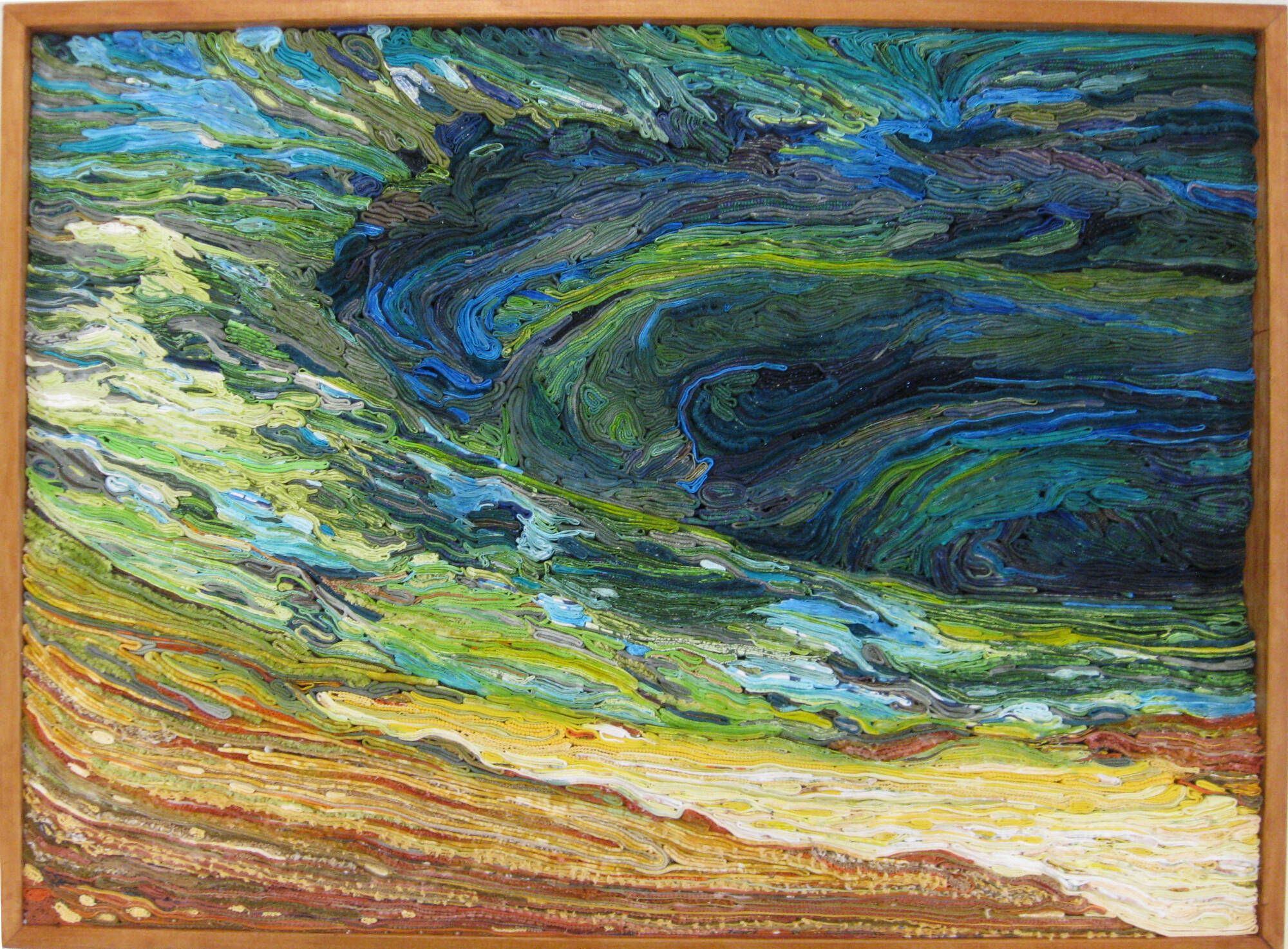 Landscape of an area of Yellowstone created from many layers of textiles. Colors range from blue, to green and into shades of yellow and brown.